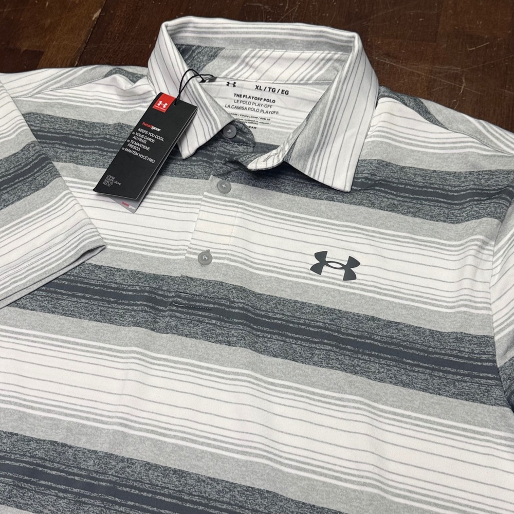 New Under Armour Playoff Polo Mens XL Grey White Striped HeatGear Golf Shirt